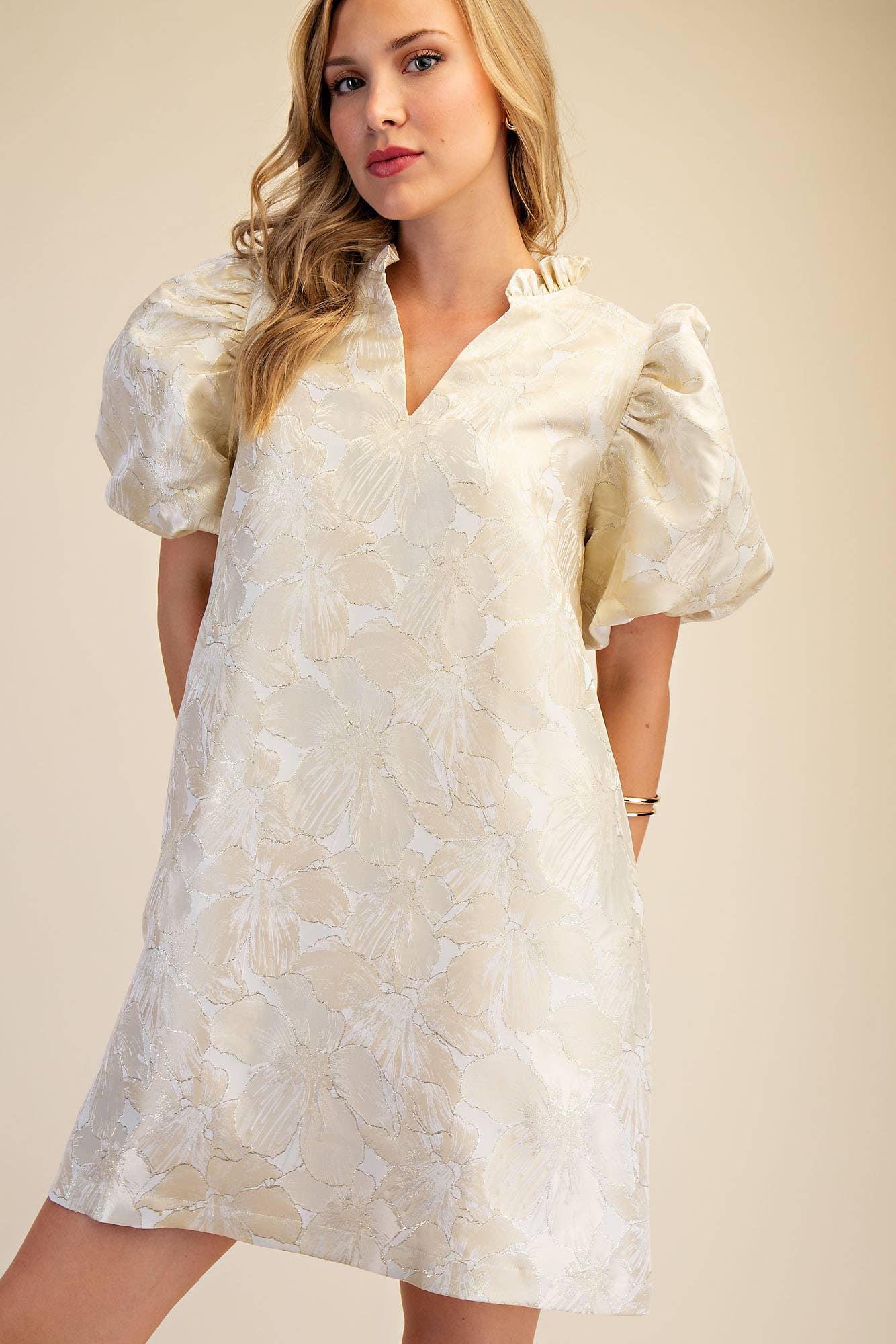 Glam Champagne Ruffle V-Neck Puff Sleeve Mini Dress - 926 West