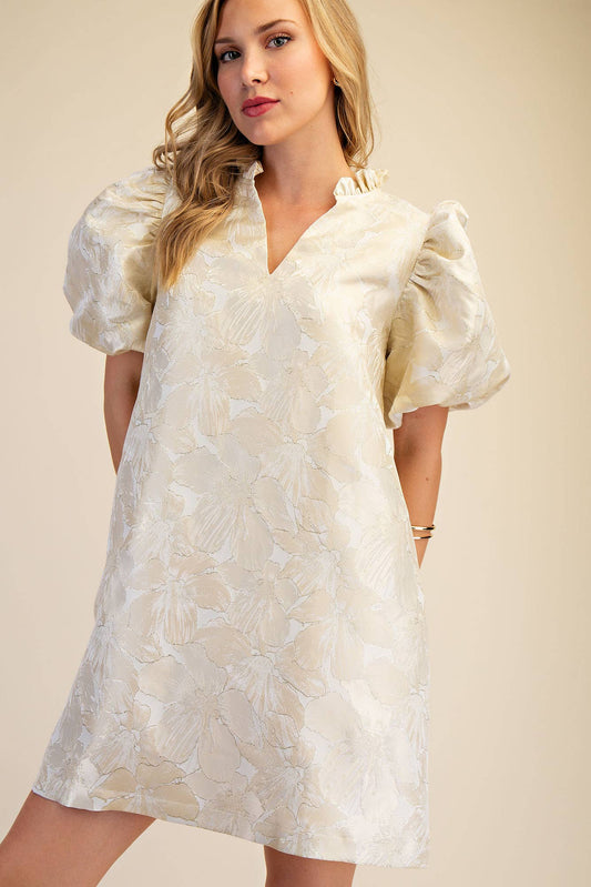 Glam Champagne Ruffle V-Neck Puff Sleeve Mini Dress - 926 West