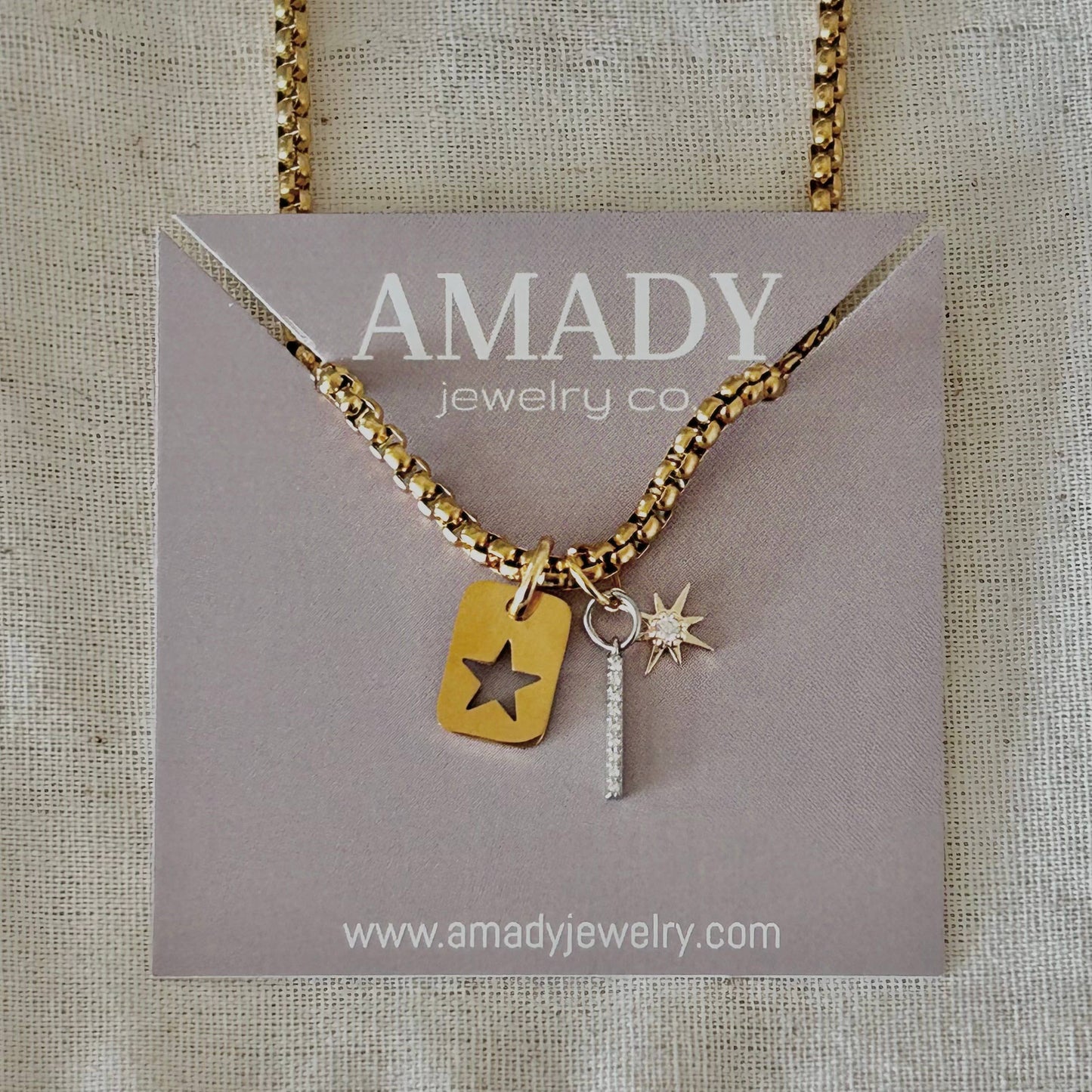 Star Tag & Crystal Bar Layering Necklace | 18K Gold Plated