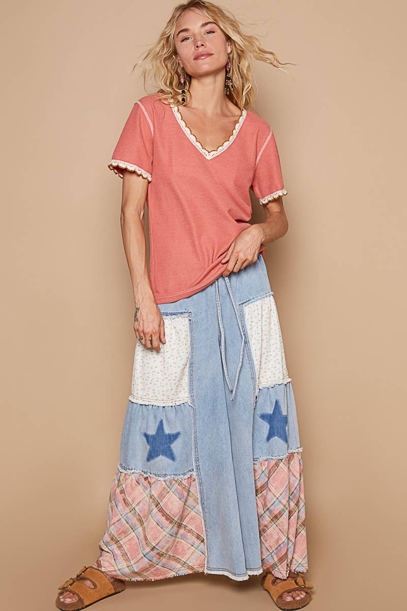 Colored trim v-neck short sleeve solid basic knit top 926 WEST