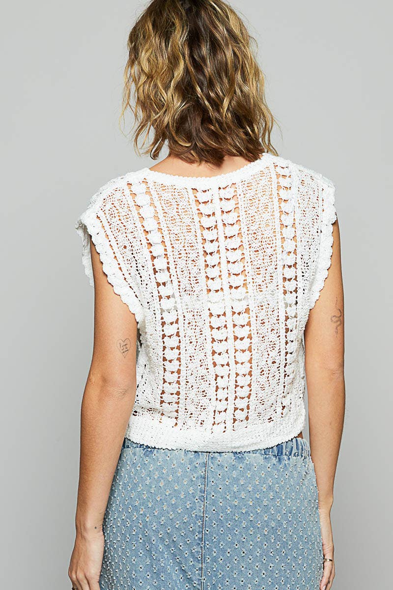 V-neck sleeveless solid crochet top 926 WEST