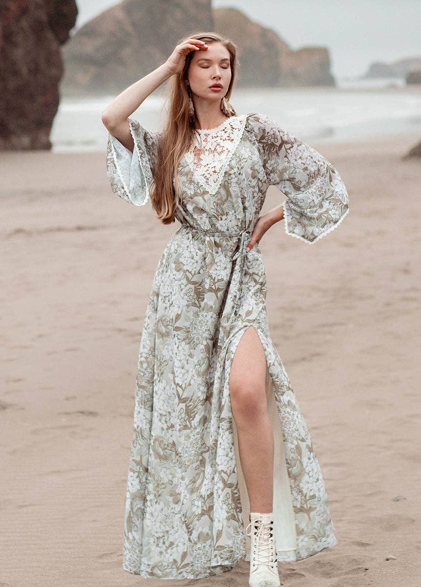 Joyfolie Sunni Lace Bell-Sleeve Maxi Dress - Neutral Hydrangea