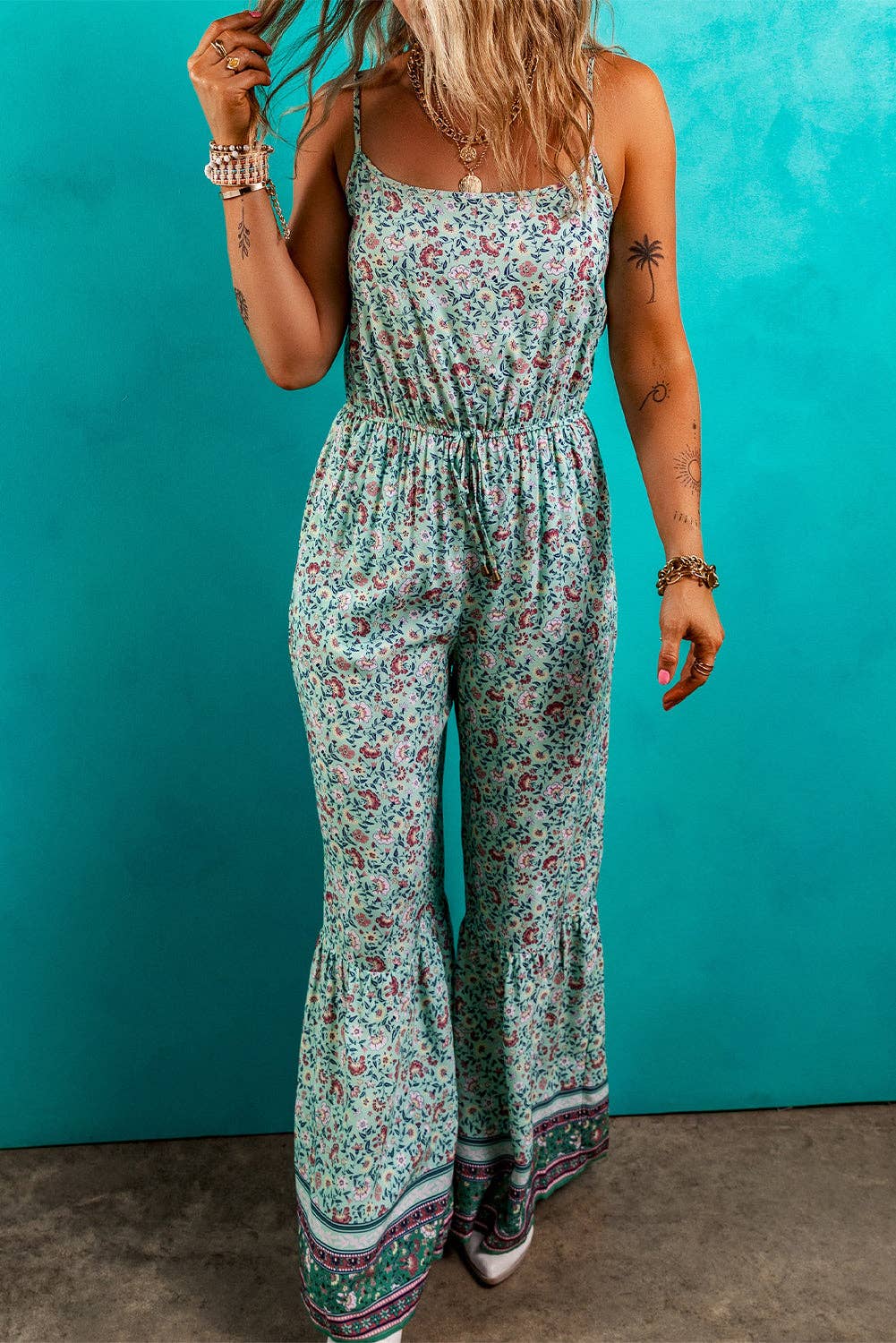 FINAL SALE- Boho Floral Ruffle Hem Summer Jumpsuit 926 WEST