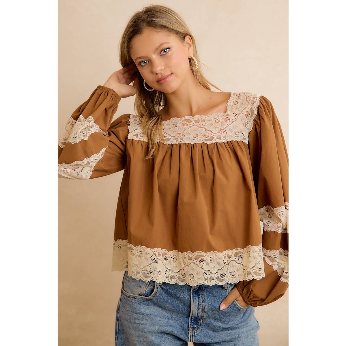 BiBi Camel Lace-Trim Balloon Sleeve Blouse