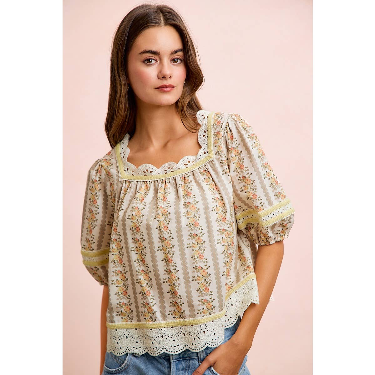 Floral Stripe Lace Trim Blouse Top