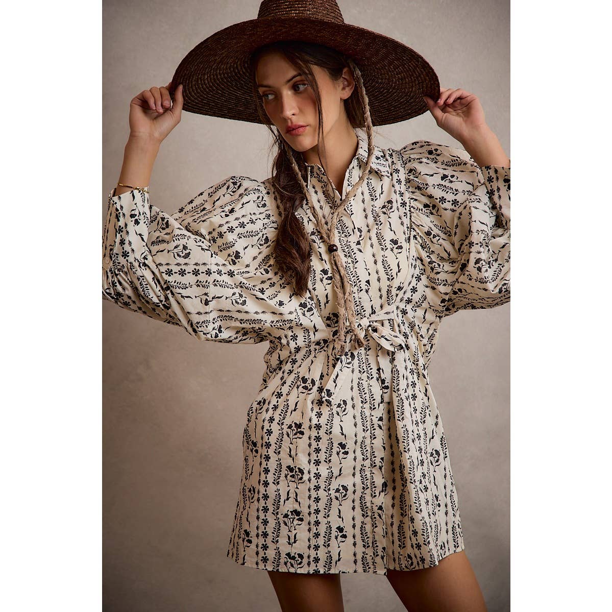 Cream Floral Puff-Sleeve Tie-Waist Mini Dress