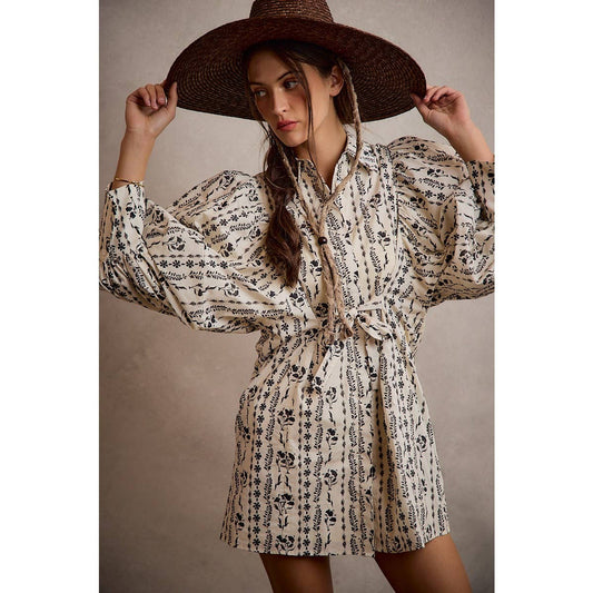 Cream Floral Puff-Sleeve Tie-Waist Mini Dress