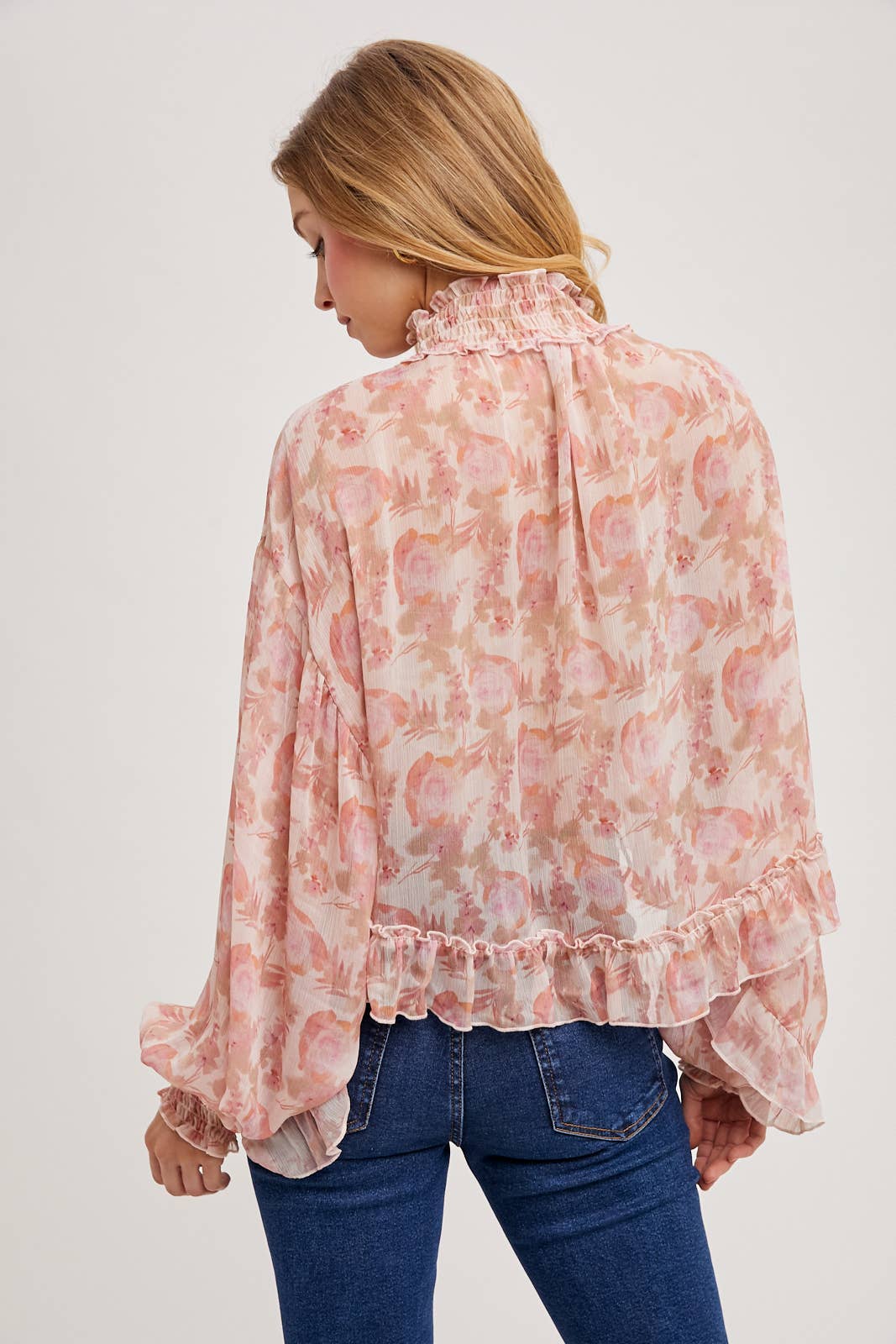 FLORAL PRINT RUFFLED MOCK NECK DOLMAN SLEEVE CHIFFON TOP Bluivy