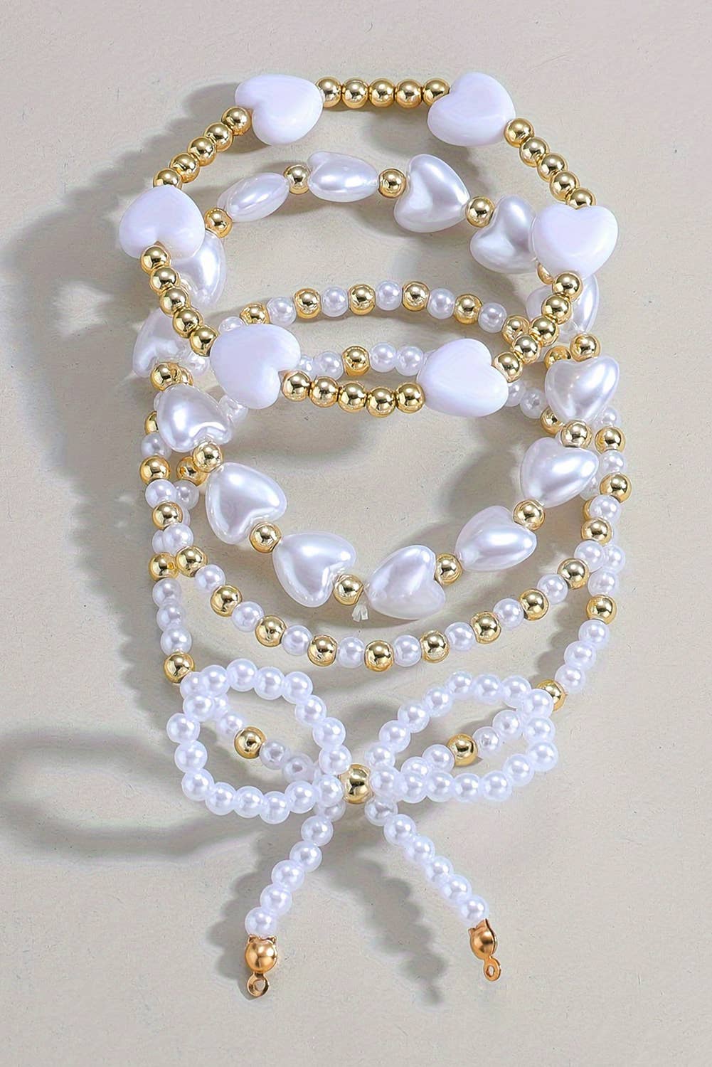 Bow Knot Heart Shape Faux Pearl Beaded Bracelet Set 926 WEST