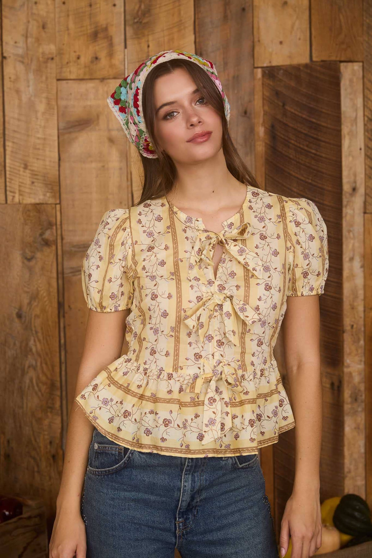 Blu Pepper - Floral Stripe Front Tie Puff Sleeve Blouse - 926 West