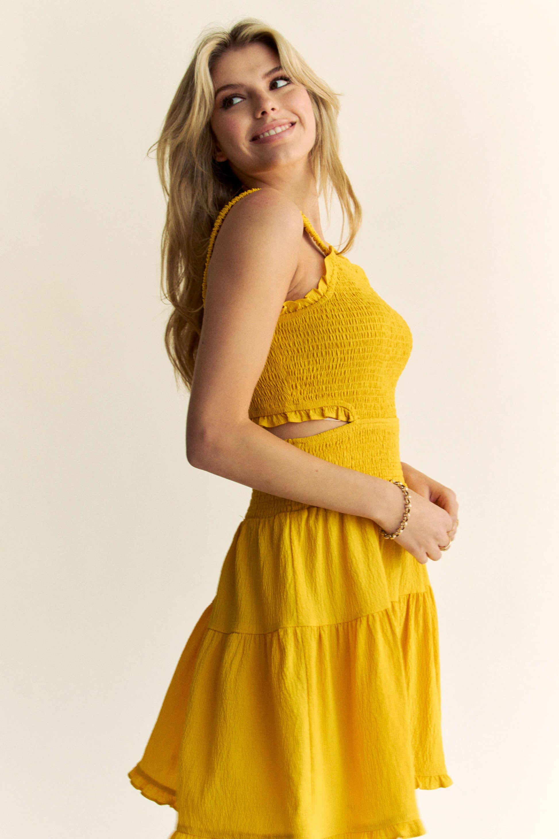 TEXTURED OPEN BACK SMOCKING CUT OUT MINI DRESS 926 WEST