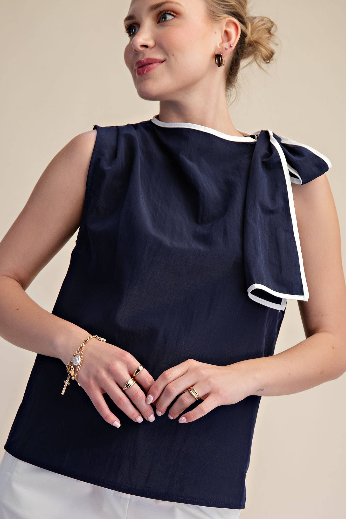 GLAM - Asymmetric Pleated Shoulder Contrasting Bow Top