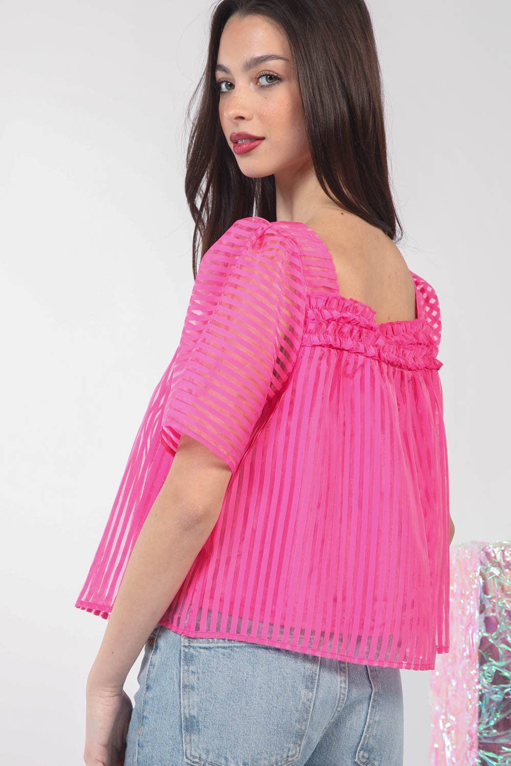 VERY J - Puff Sleeve Organza Stripe Sheer Blouse Top - 926 West