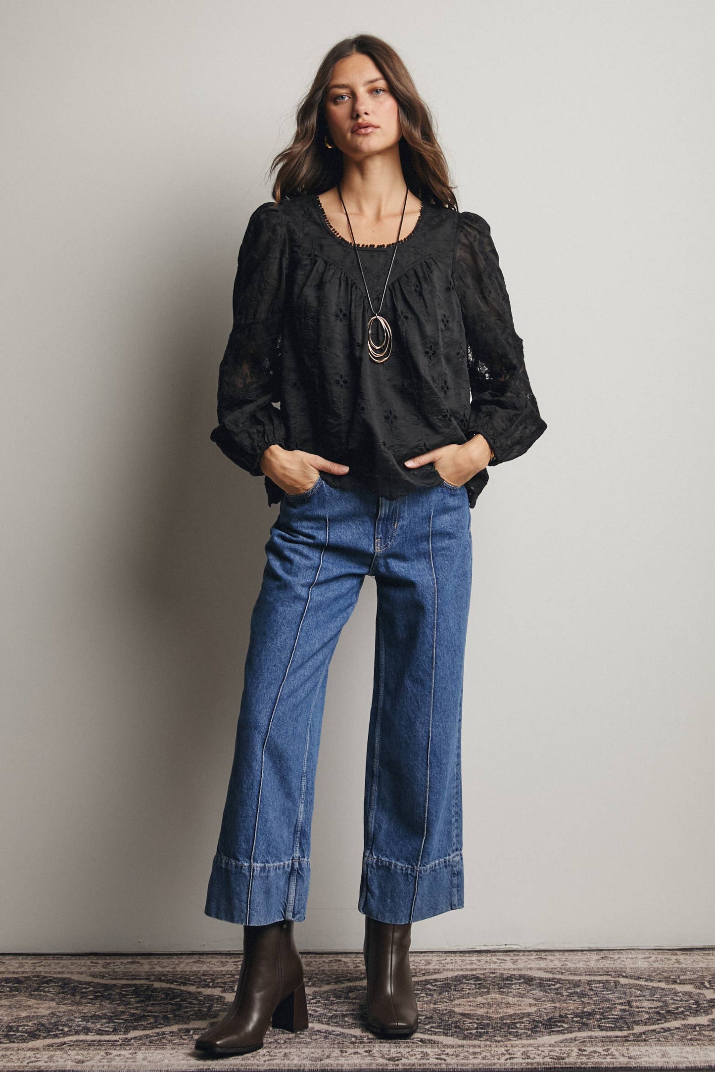 Forte - Embroidered Lace Puff Sleeve Blouse
