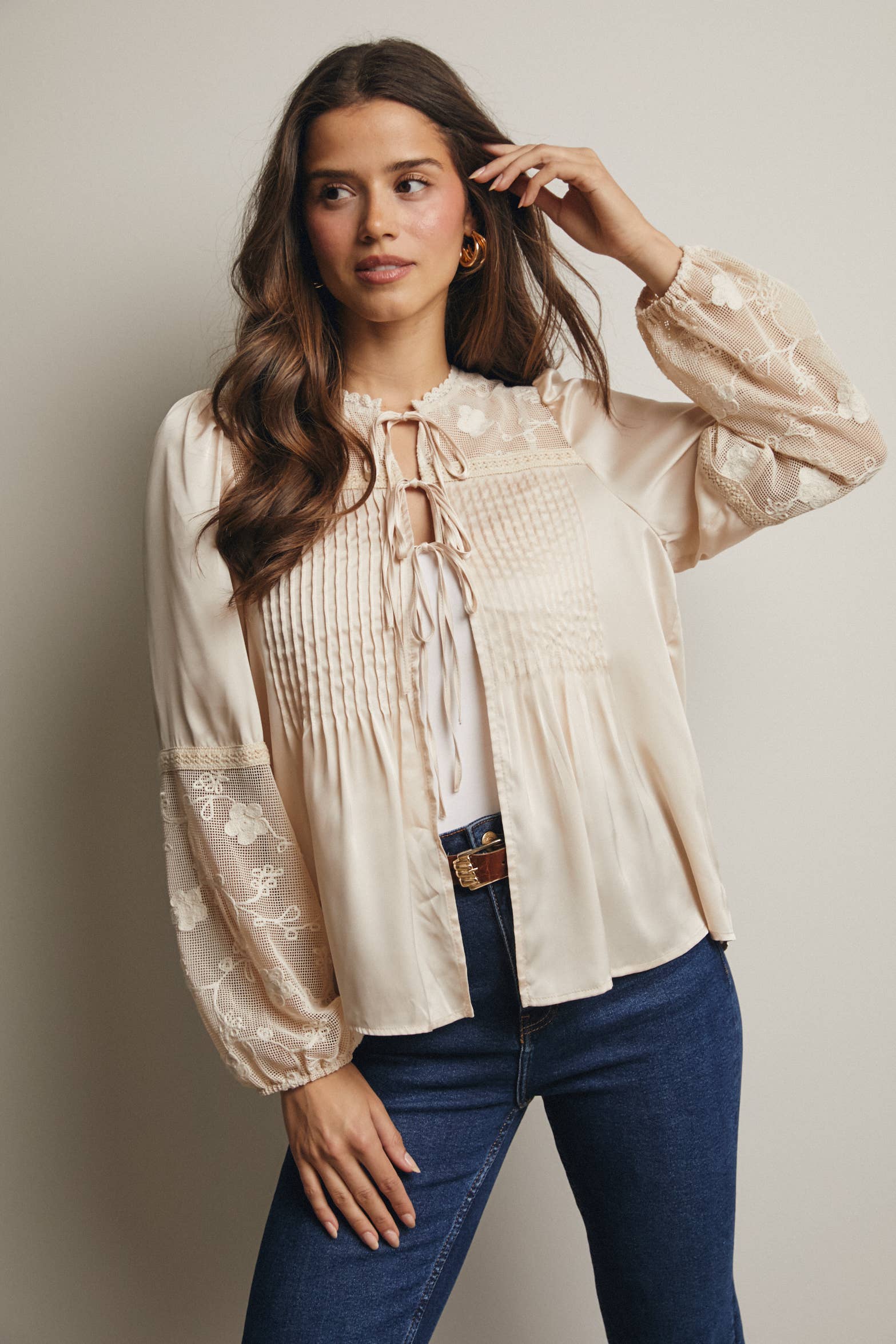 Embroidered Lace Tie-Front Blouse - 926 West