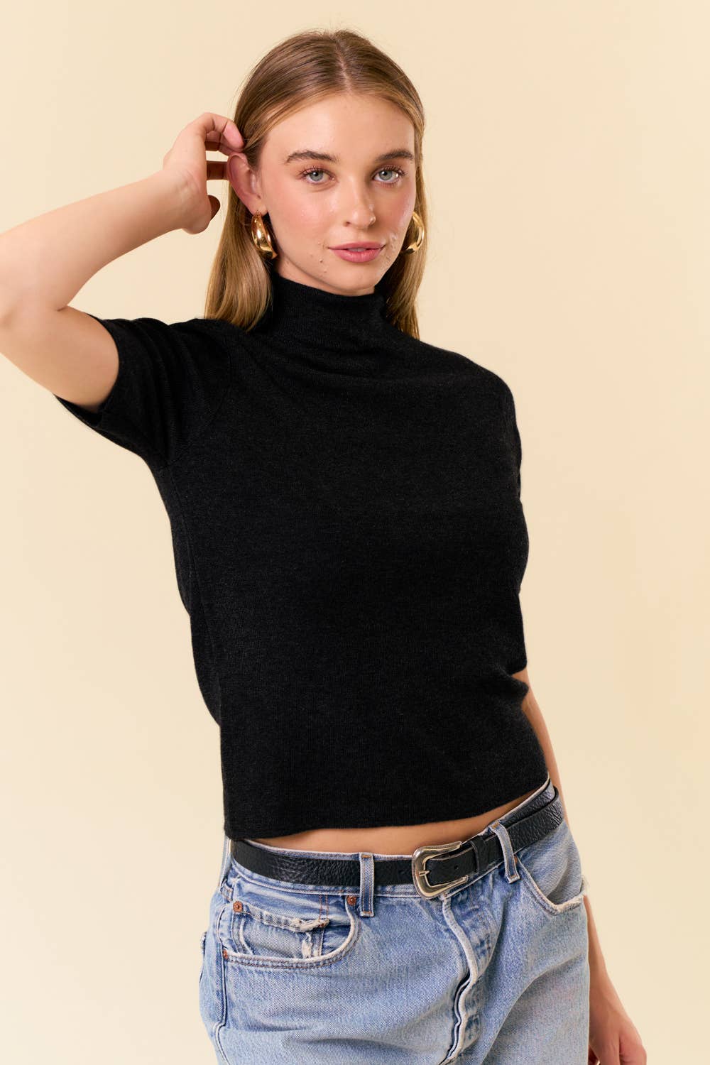 MOCK NECK HALF SLEEVE BASIC SWEATER TOP