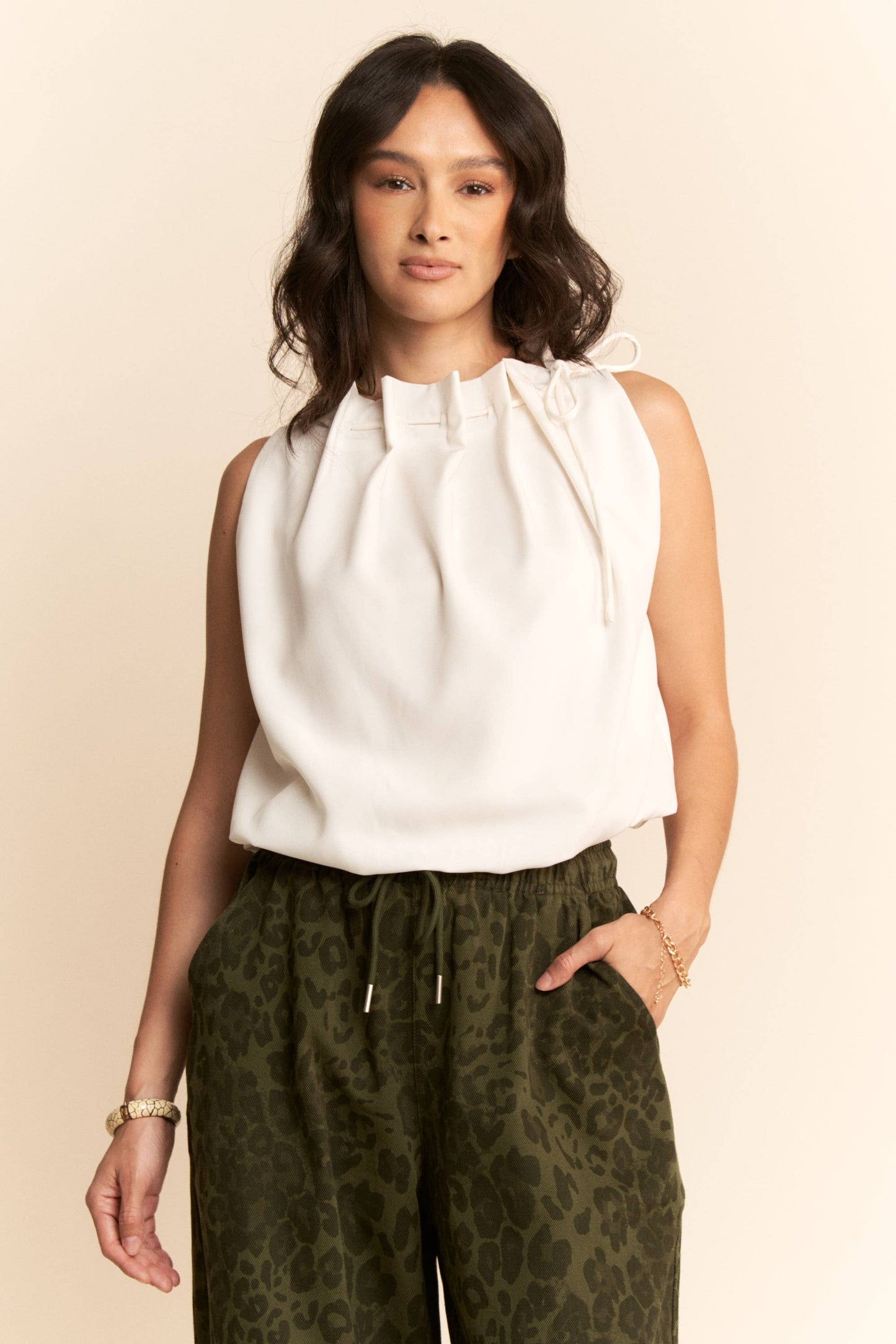 SOLID SLEEVELESS COWL NECK TIE DETAIL TOP