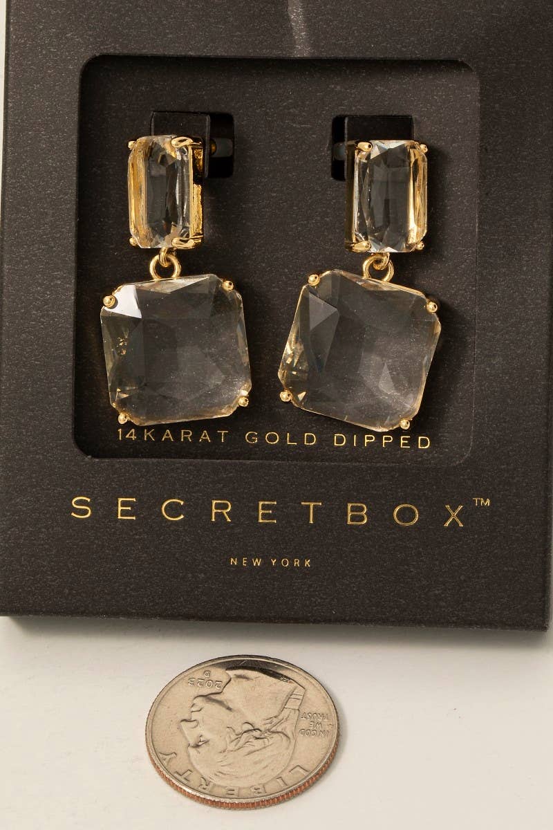 Secret Box Gold Dipped Large Faceted Gem Dangle Earrings Fame Accessories