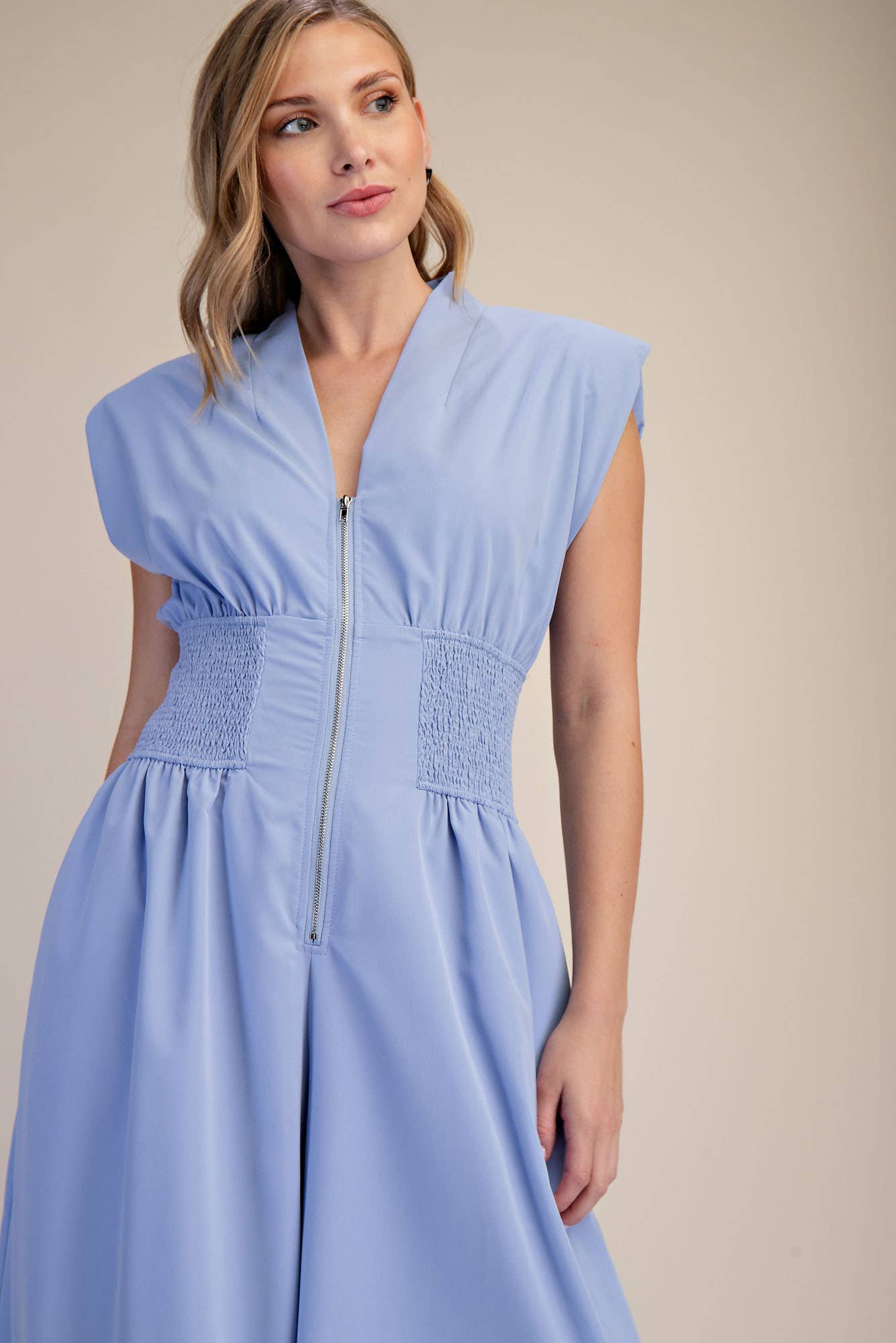 Cap-Sleeve Smocked Front-Zip Jumpsuit - Flattering Fitted Style