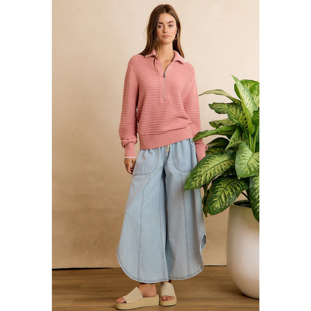 BiBi Washed Denim Tulip-Hem Pants with Pockets