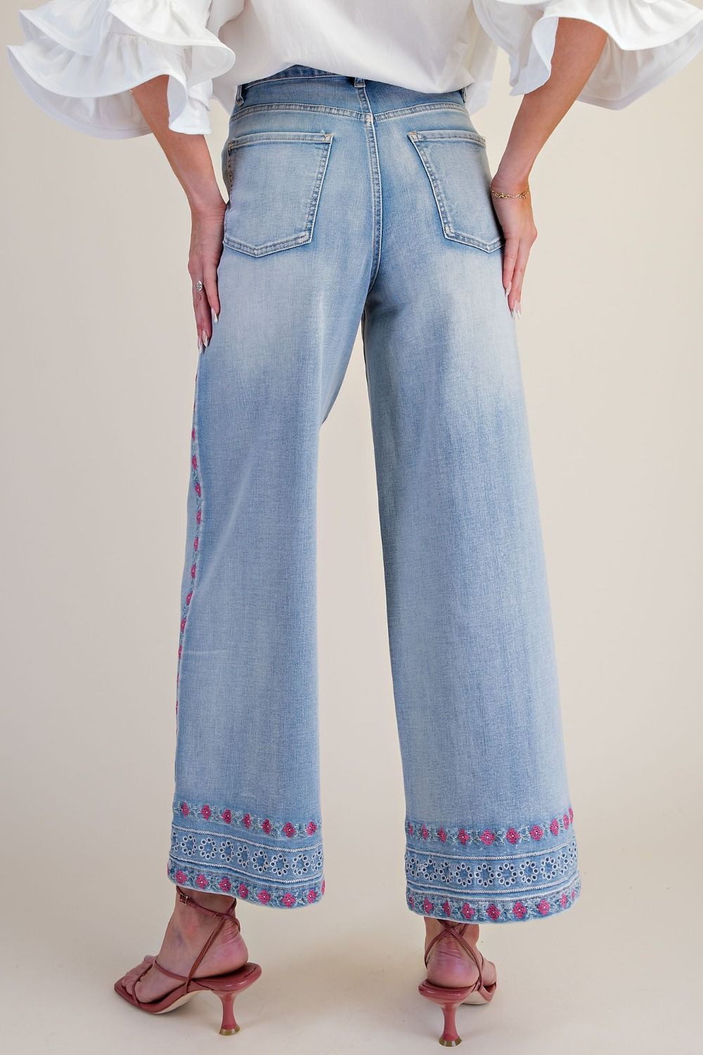 Easel Floral Embroidered Wide Leg Stretch Denim Pants