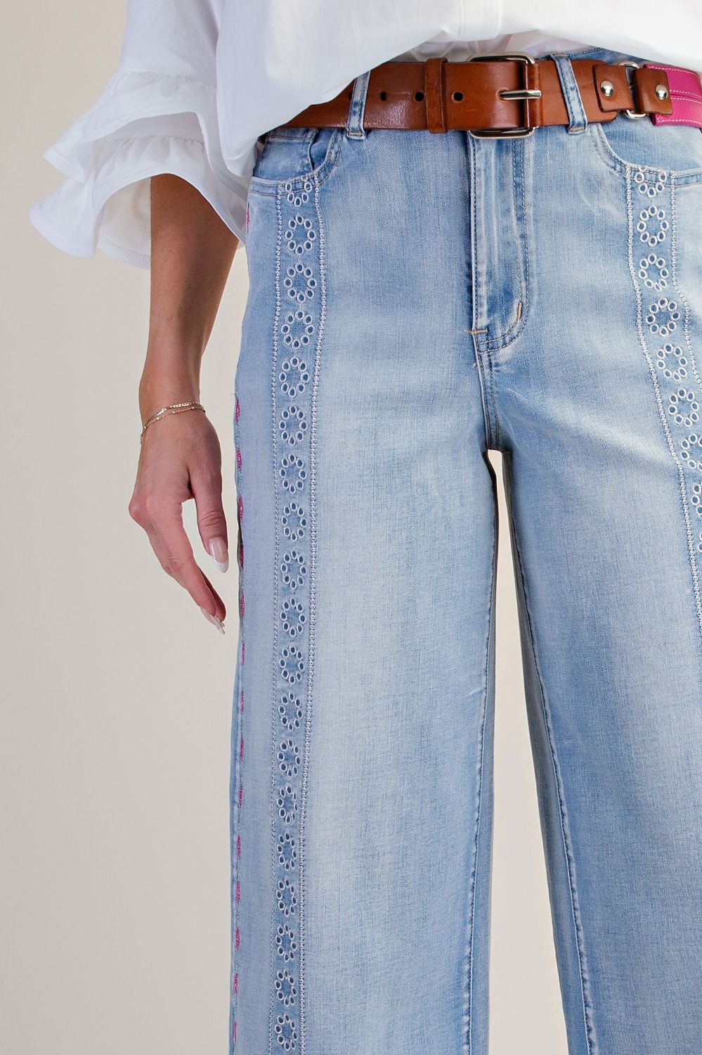 Easel Floral Embroidered Wide Leg Stretch Denim Pants