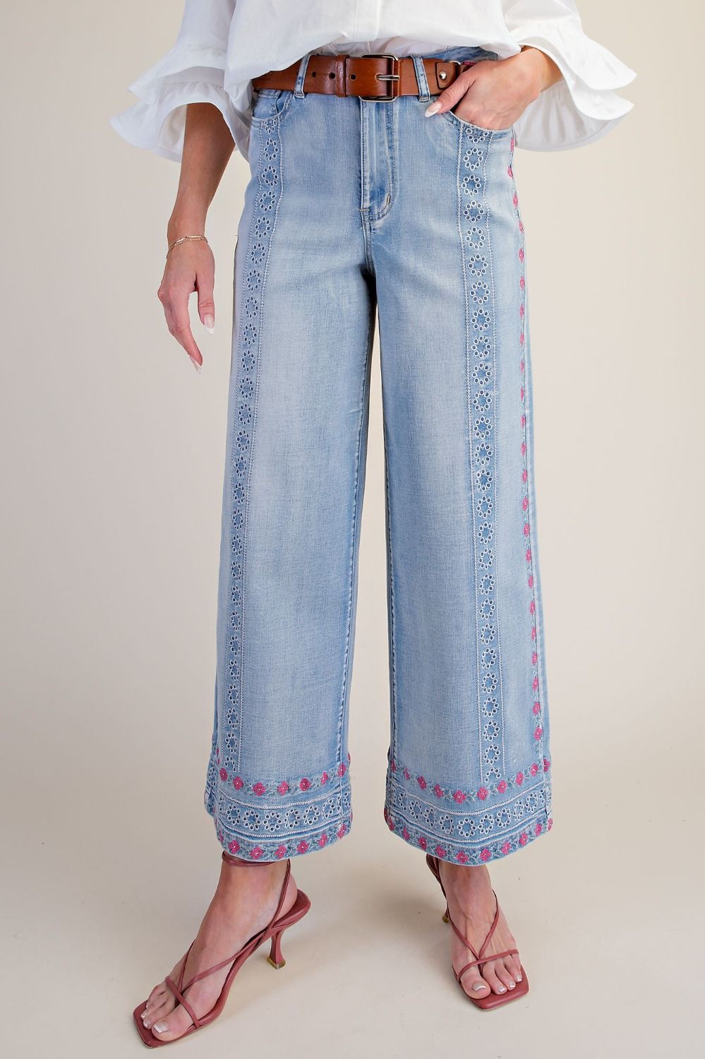 Easel Floral Embroidered Wide Leg Stretch Denim Pants