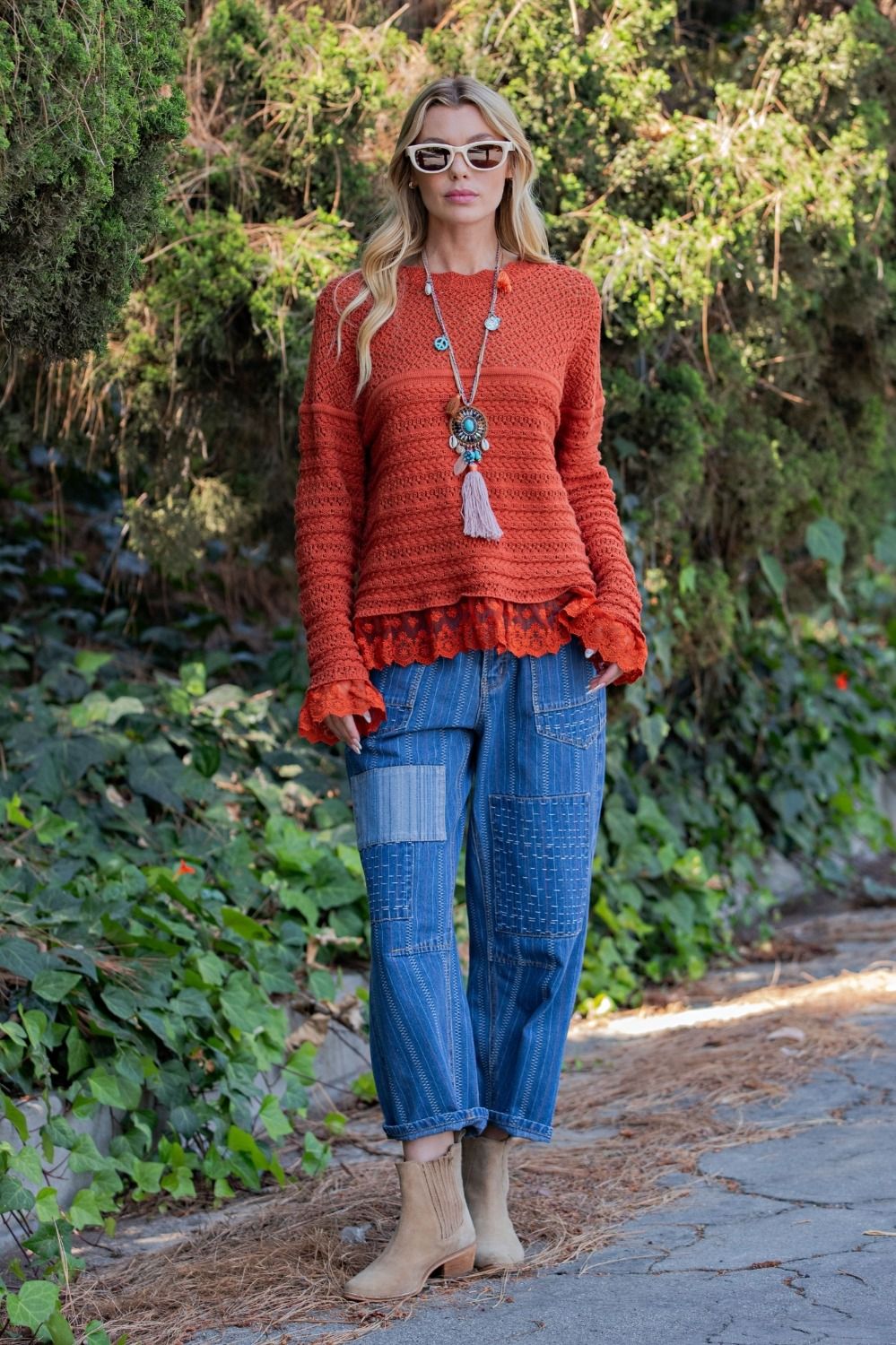 Easel Embroidery Washed Denim Barrel Pants