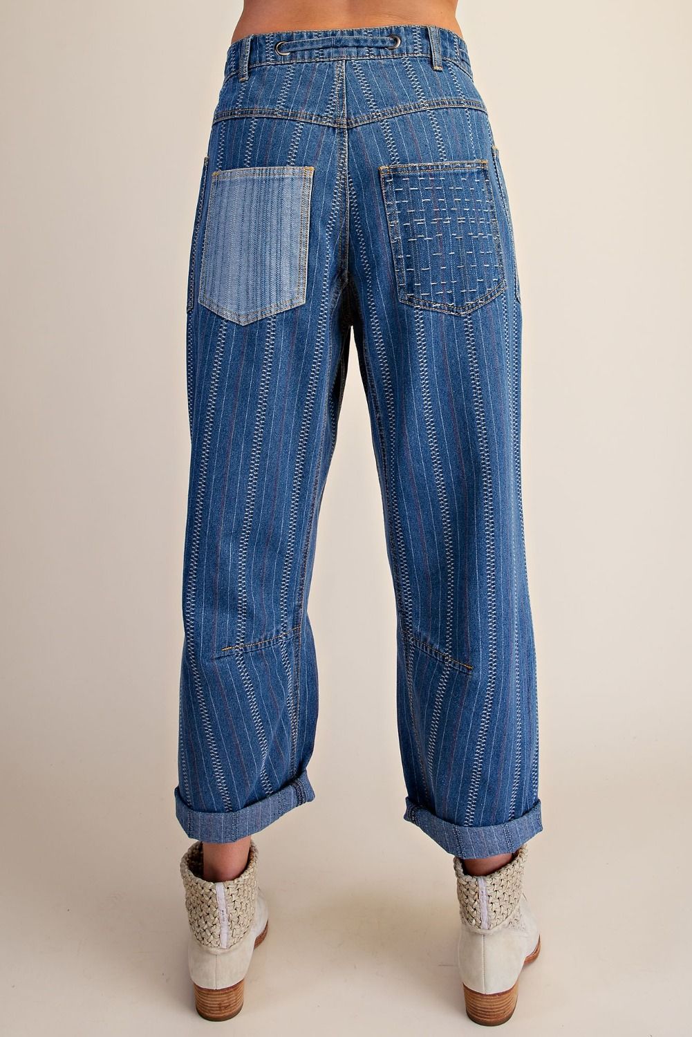 Easel Embroidery Washed Denim Barrel Pants