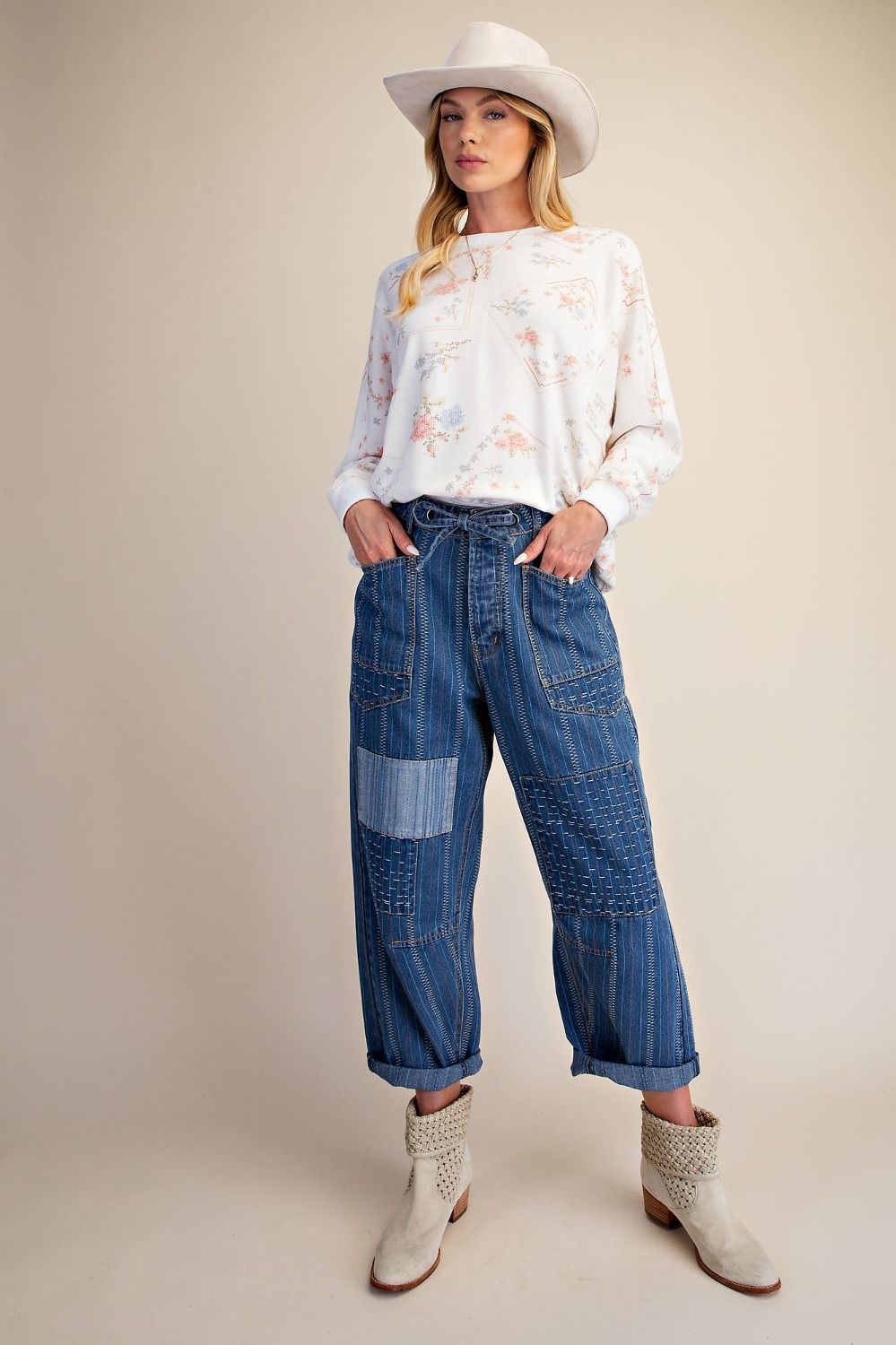 Easel Embroidery Washed Denim Barrel Pants