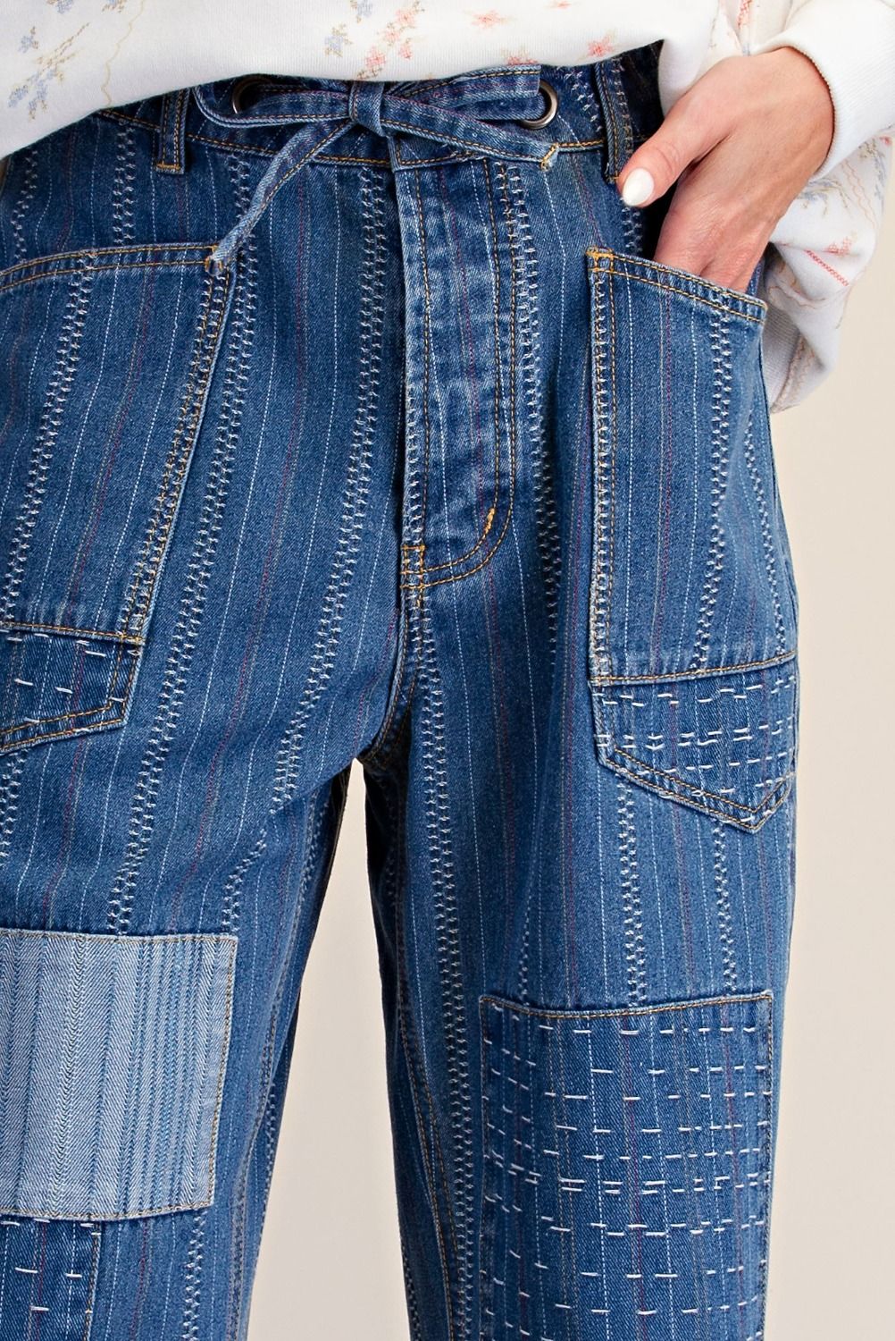 Easel Embroidery Washed Denim Barrel Pants