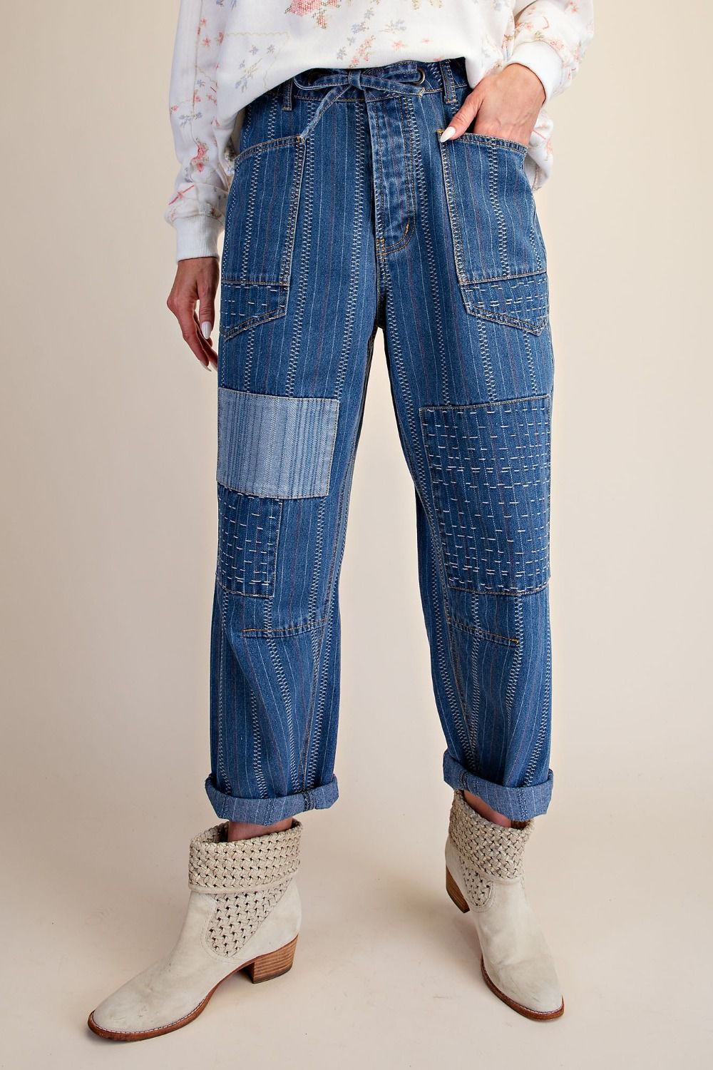 Easel Embroidery Washed Denim Barrel Pants