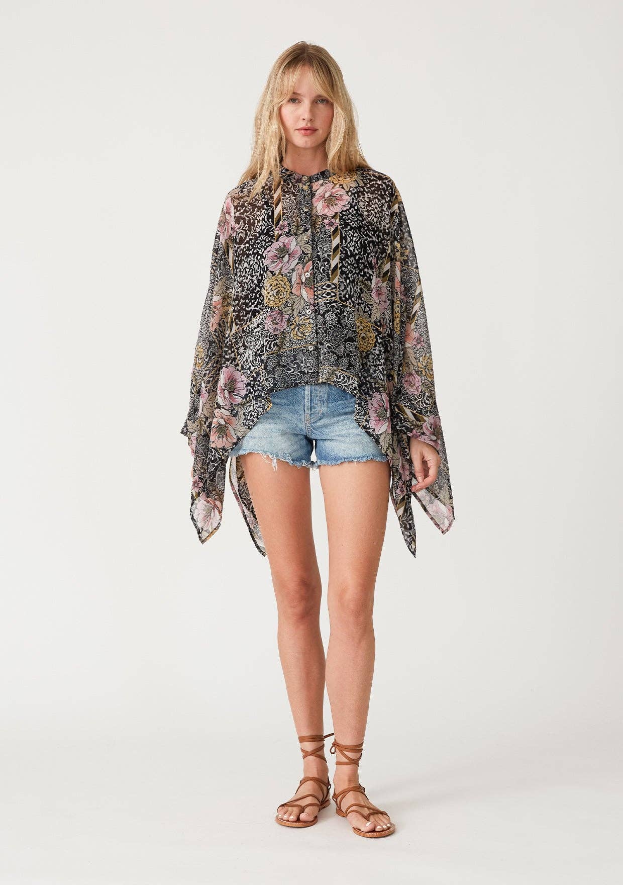 Sheer Floral Asymmetric Button Front Blouse 926 WEST