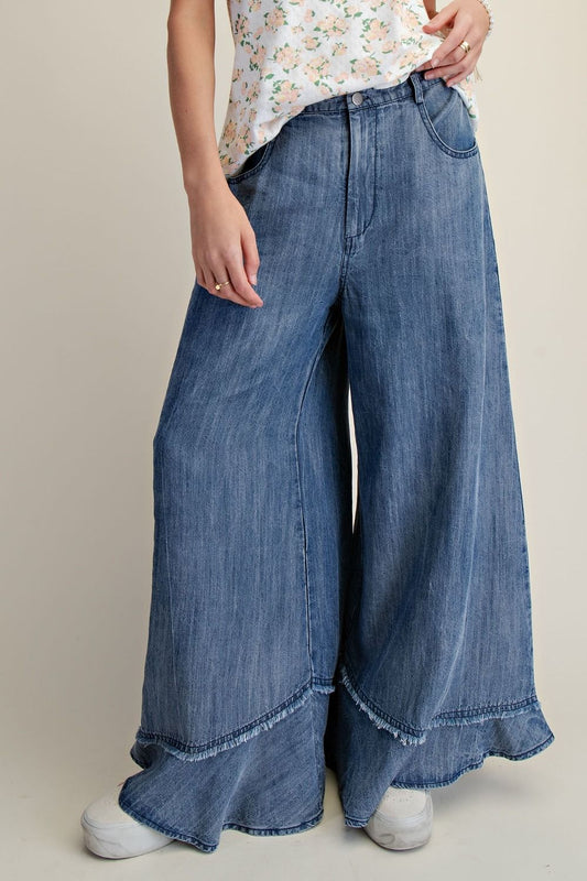 Easel Chambray Mineral Washed Wide-Leg Pants