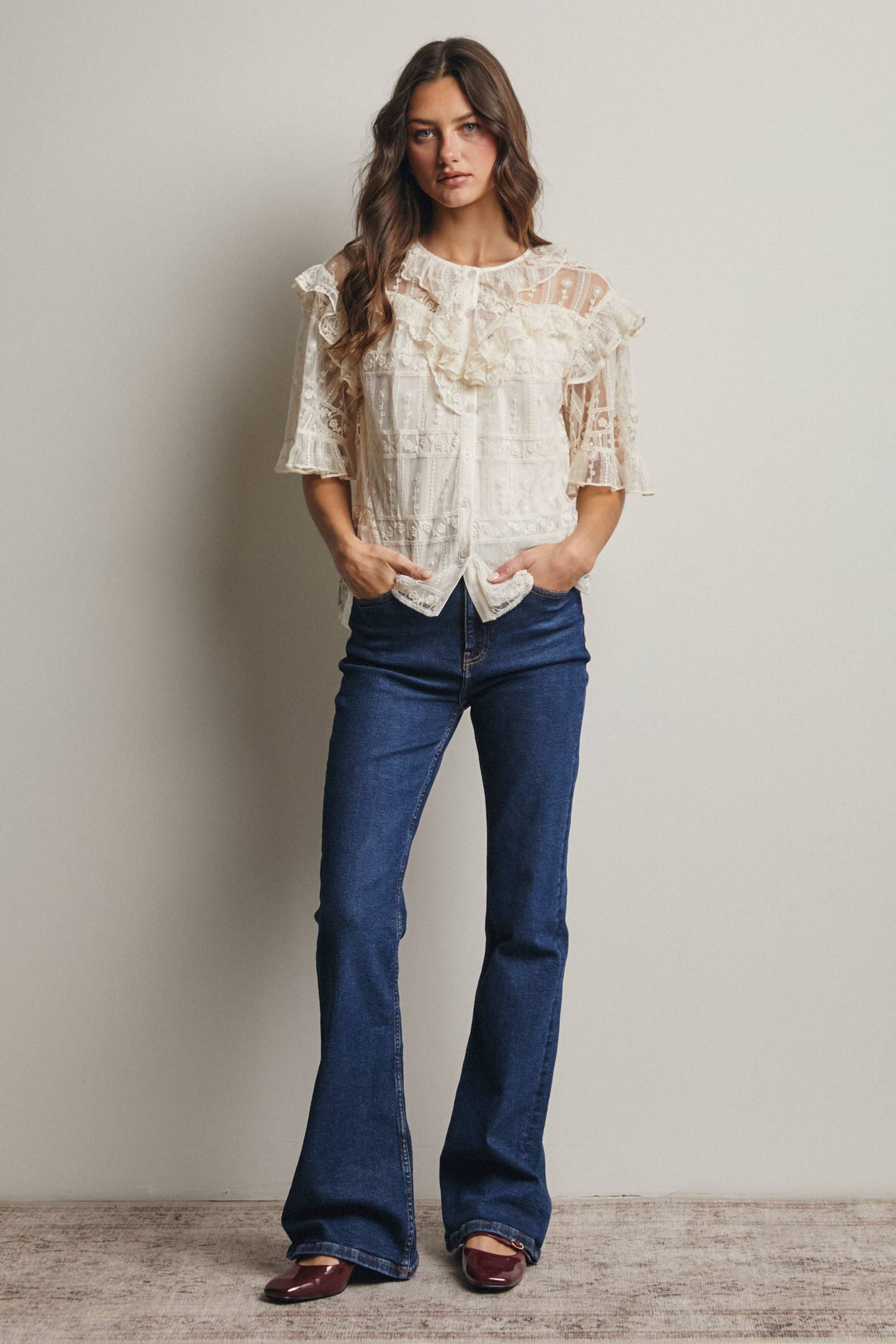 Embroidered Ruffle Lace Blouse - 926 West
