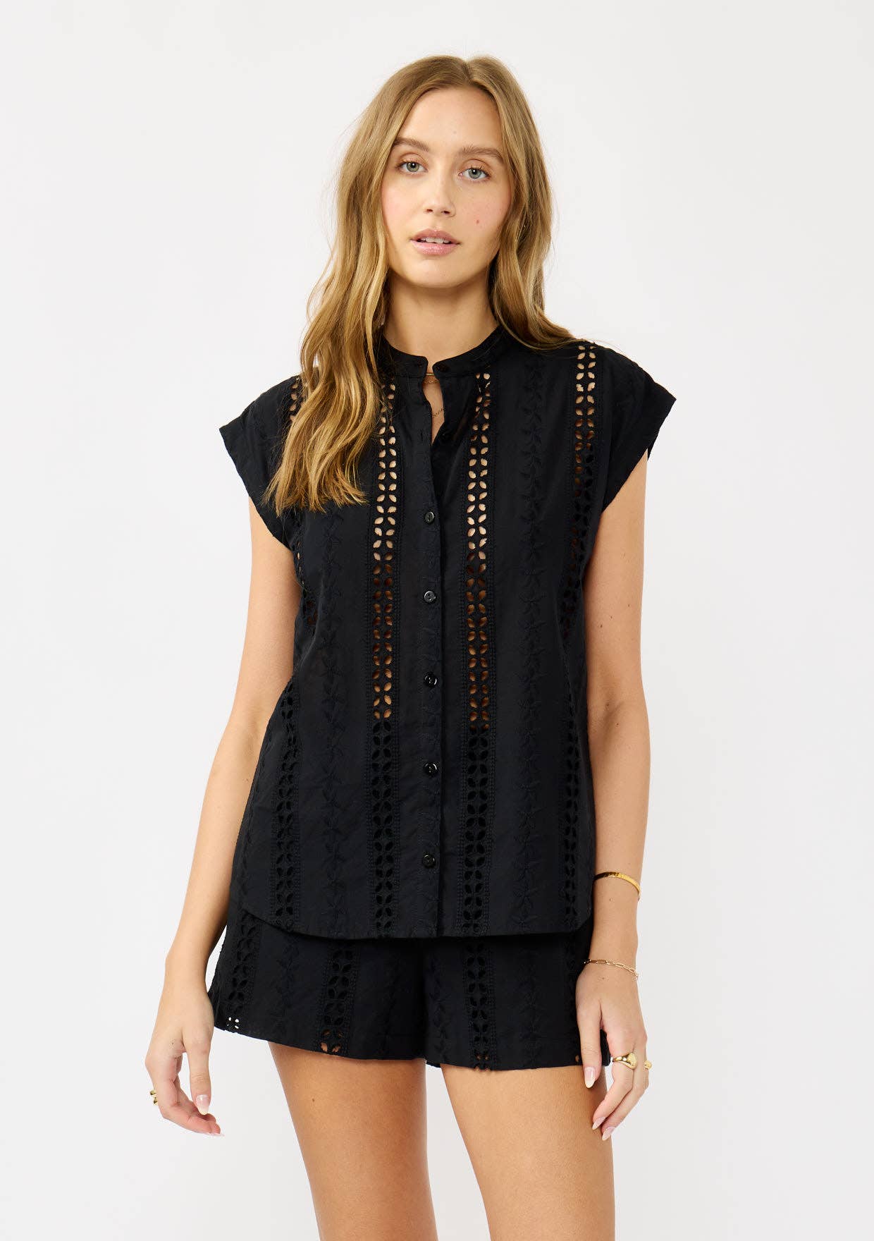 Floral Eyelet Mandarin Collar Camp Shirt 926 WEST