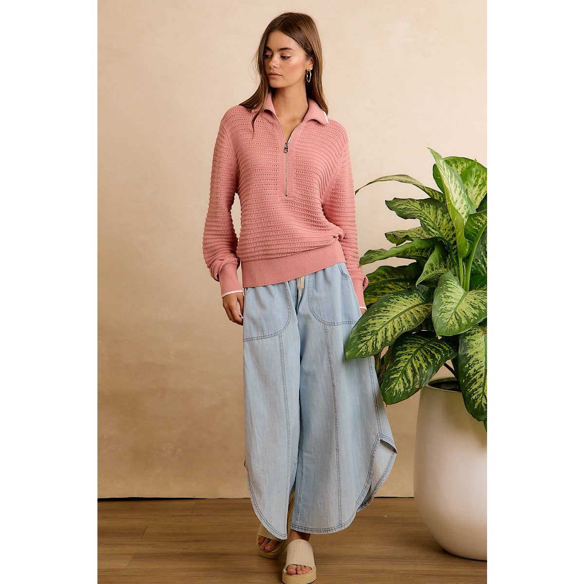 BiBi Washed Denim Tulip-Hem Pants with Pockets
