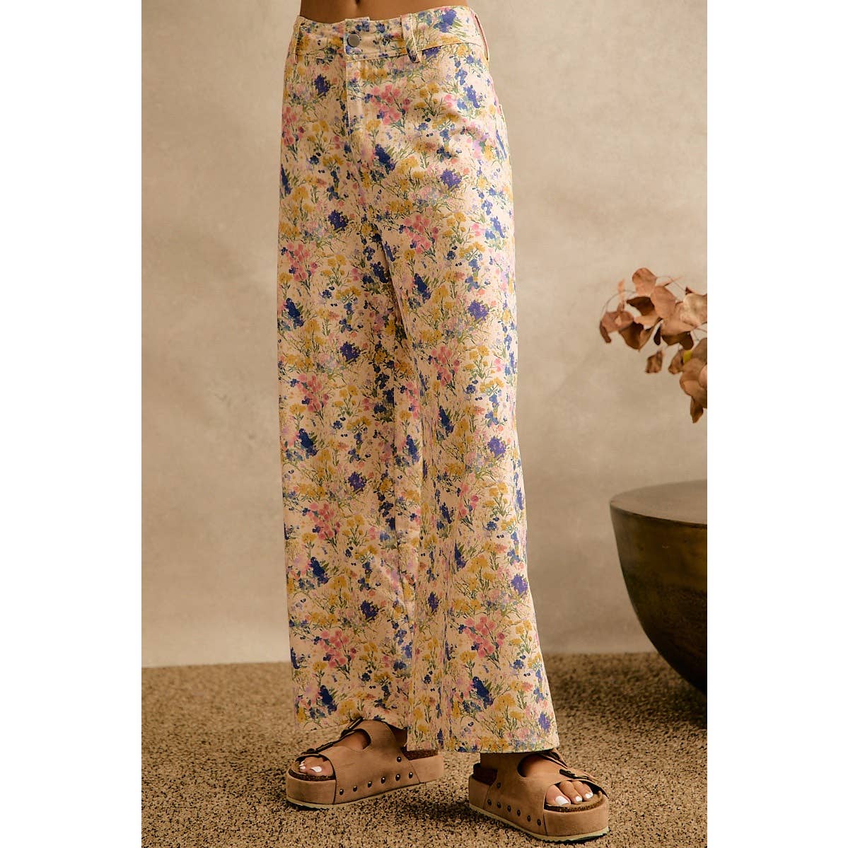 Floral Print Twill Wide Leg Pants