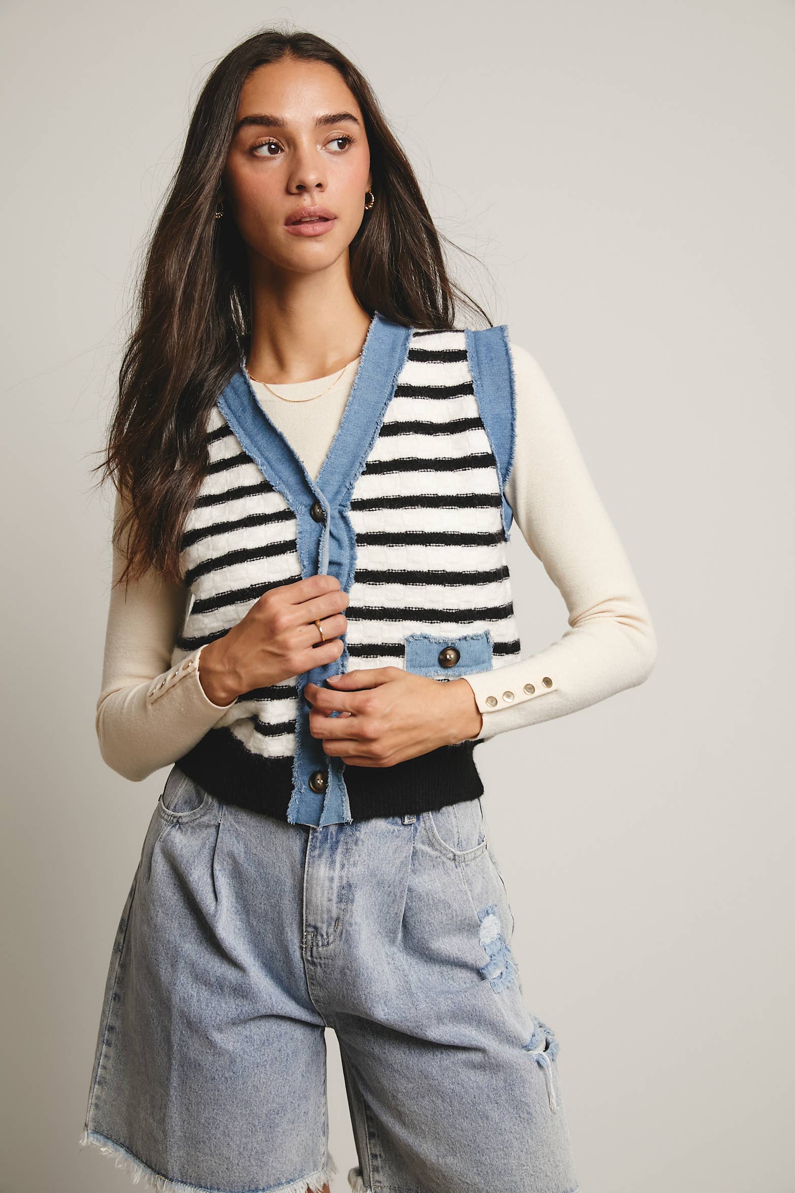 Your Favorite Denim Trim Knit Vest - 926 West