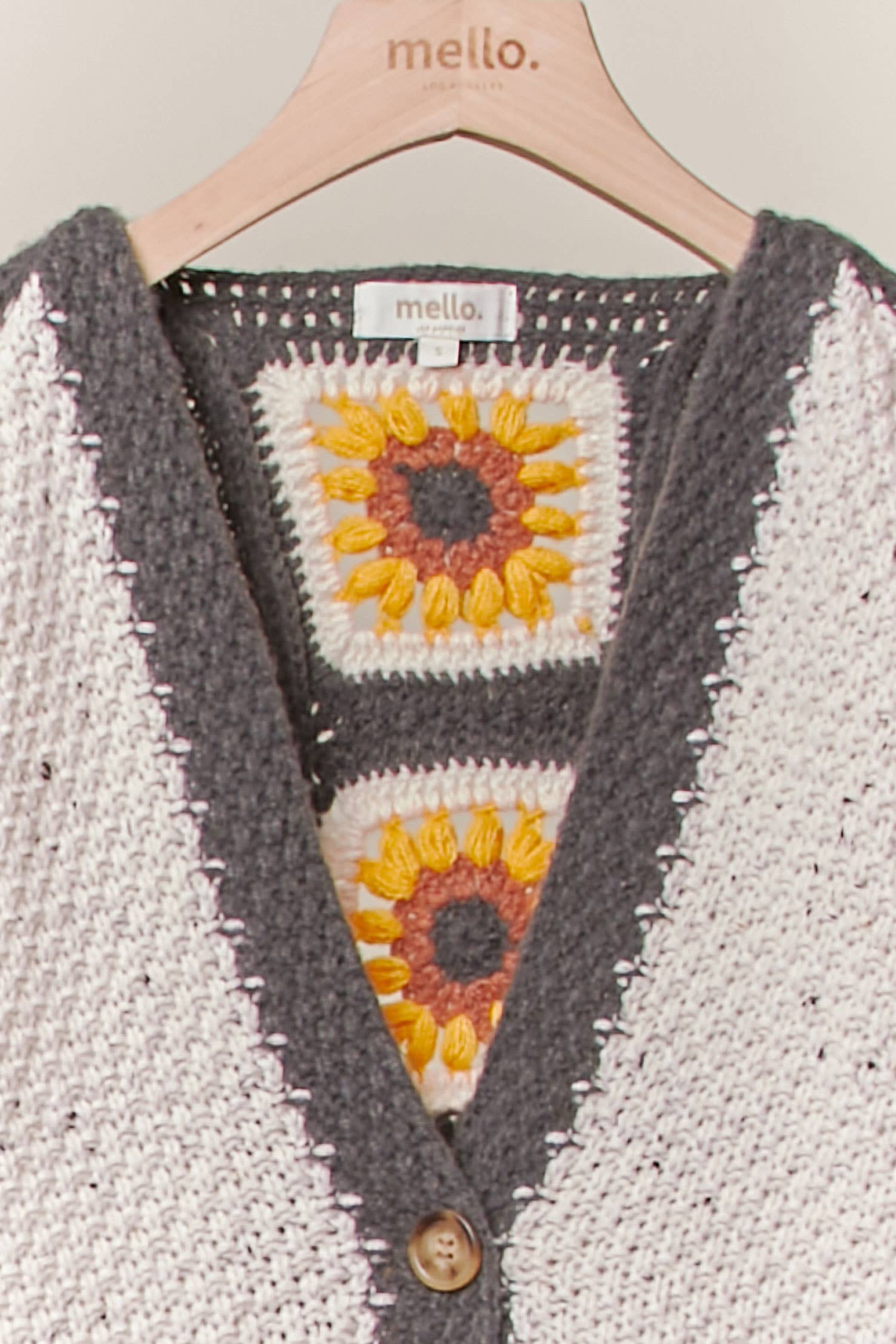 Color Block Sunflower Crochet V Neck Cardigan Mello.
