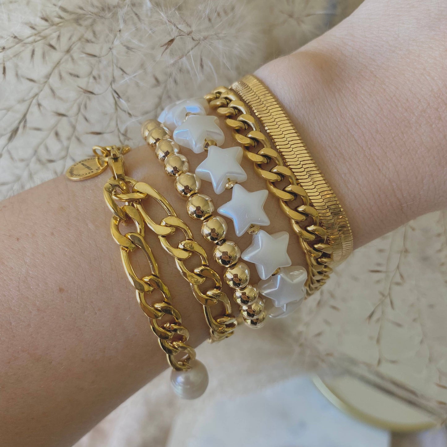 Gold plated Figaro chain bracelet pearl 18k stainless steel