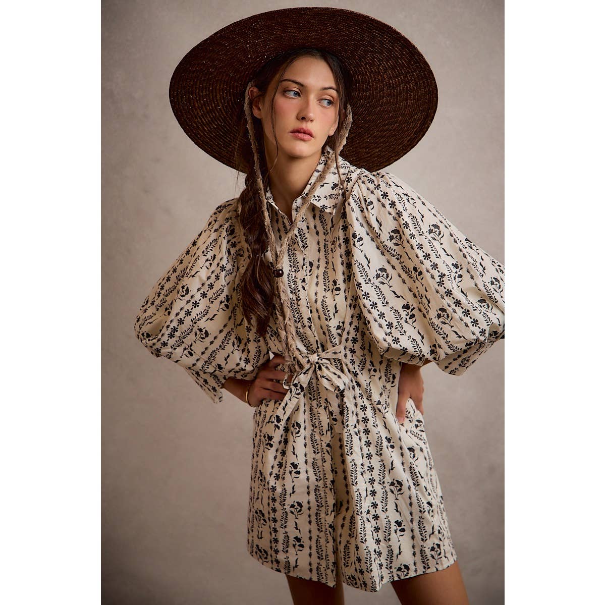 Cream Floral Puff-Sleeve Tie-Waist Mini Dress