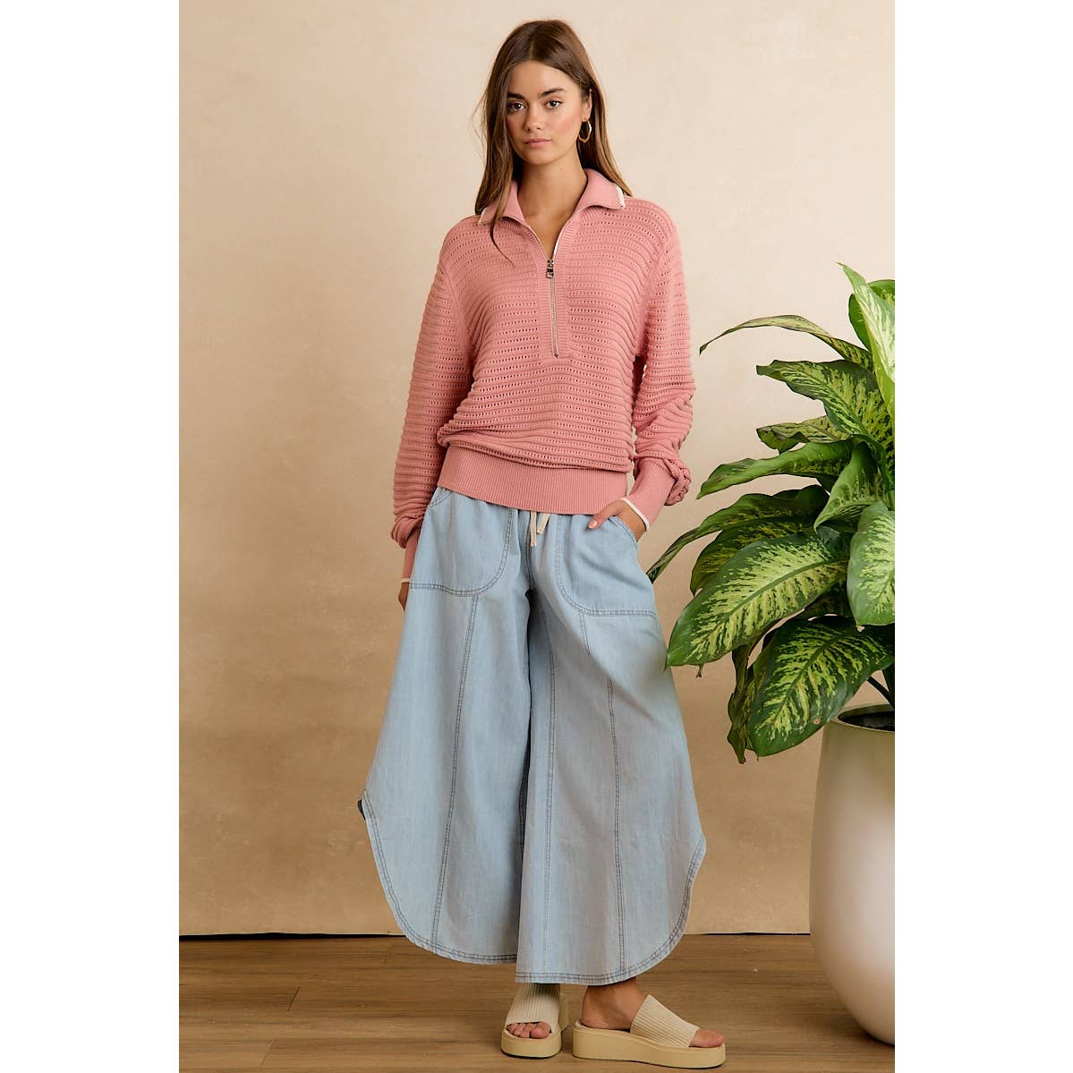 BiBi Washed Denim Tulip-Hem Pants with Pockets