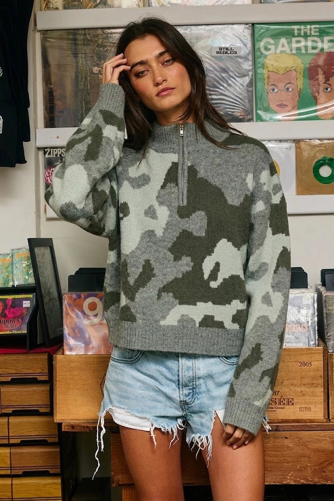 Camo Half-Zip Mock-Neck Sweater