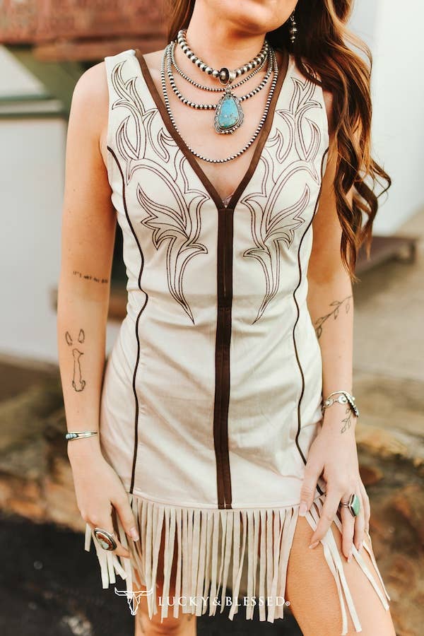 Lucky & Blessed - Ivory Stretch Seude Brown Embroidered Piping Fringe Hem Dress - 926 West