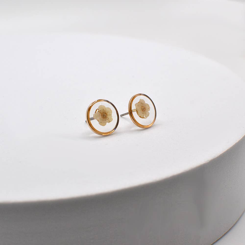 Pressed Real Flower Epoxy Round Stud Post Earrings StarryNYC