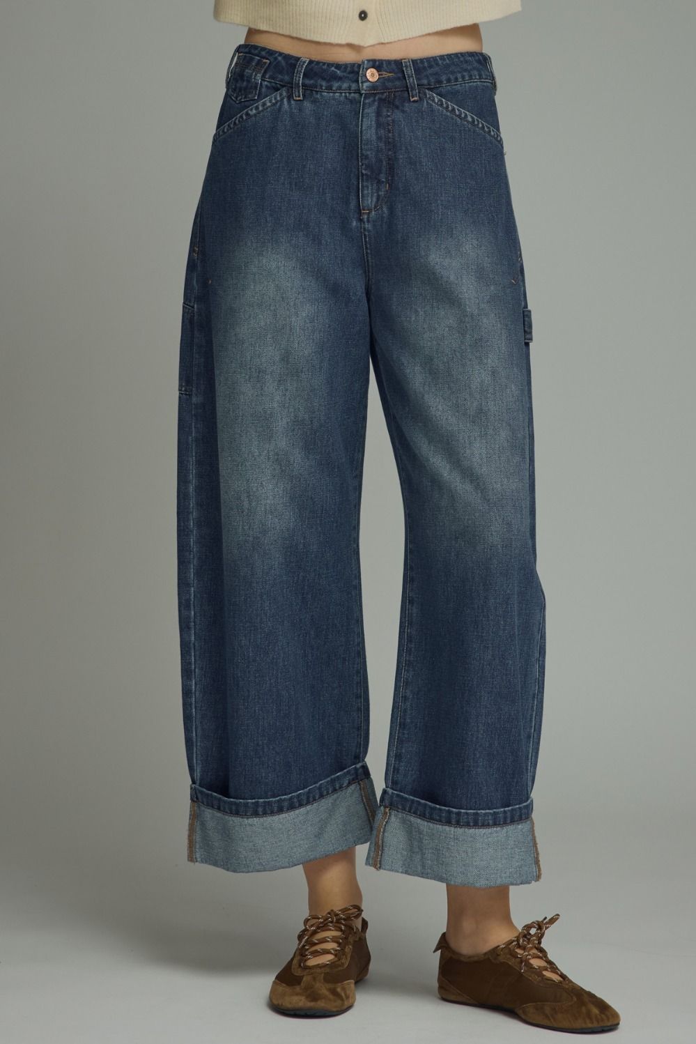 Cuffed Wide Leg Denim Pants