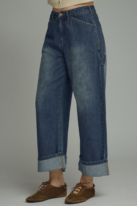 Cuffed Wide Leg Denim Pants