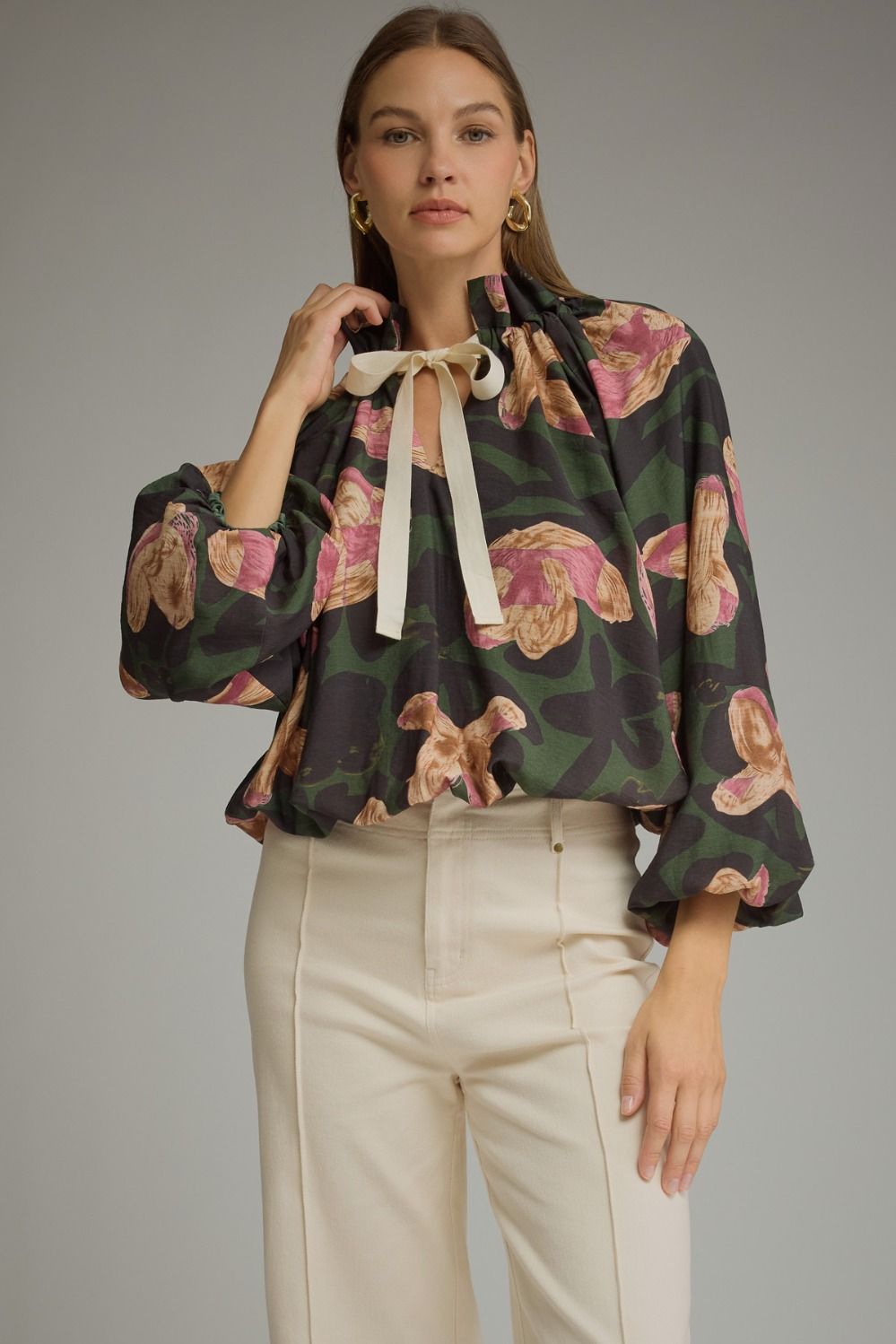 Entro Floral Print Balloon Sleeve Top