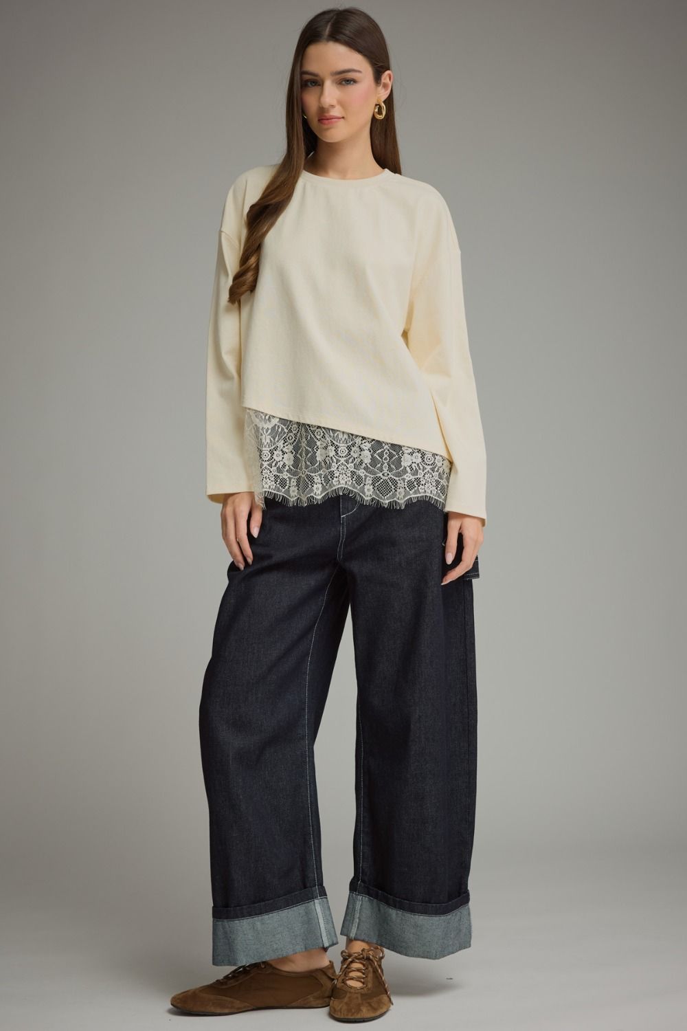 Entro Long Sleeve Top with Layered Lace Hem